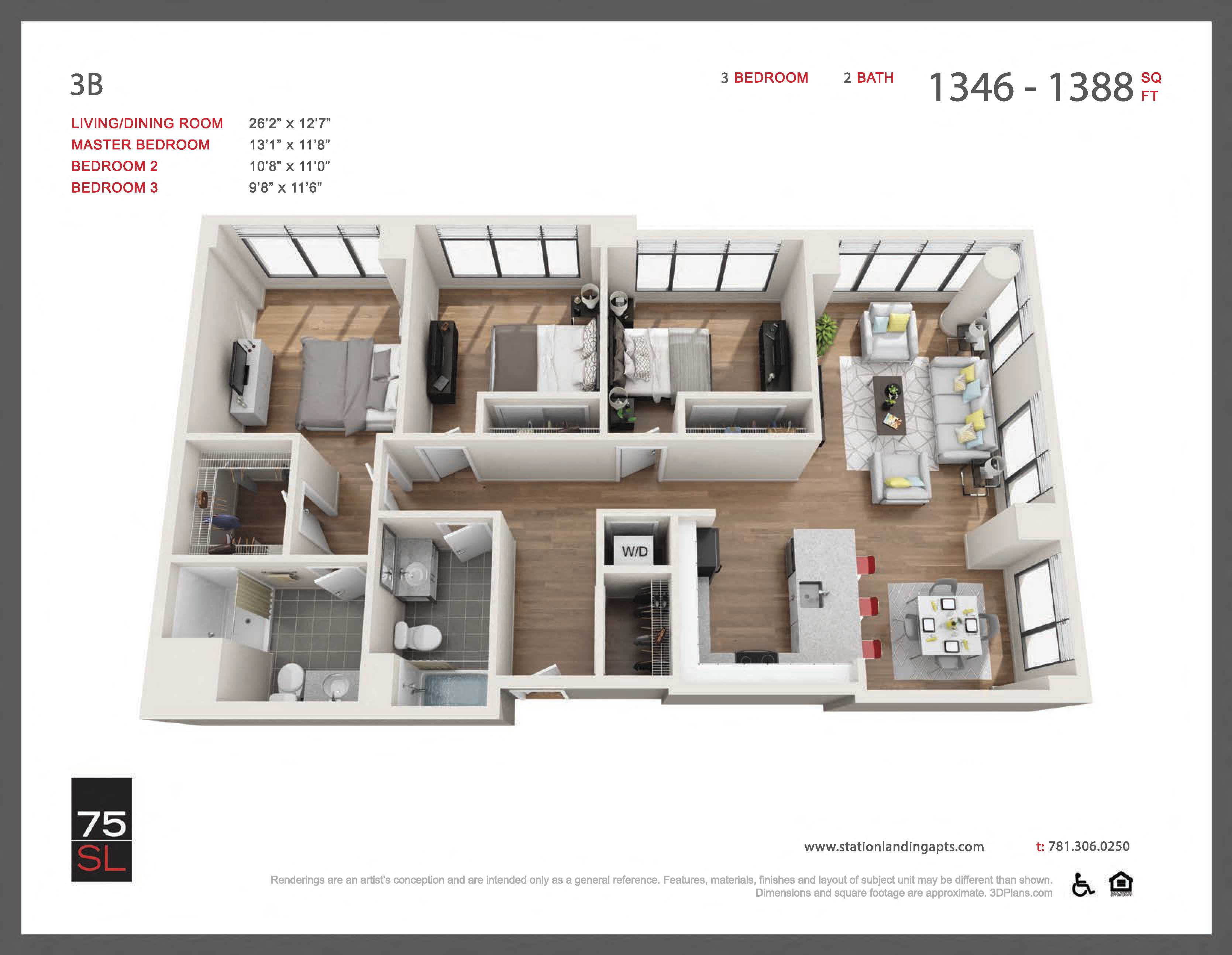 Floor plan for 3 beds, 2 baths, 1379 sqft